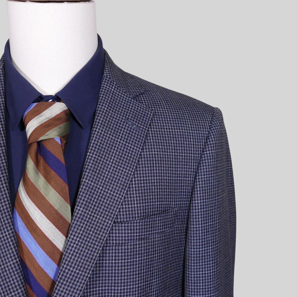 Hart Schaffner Marx Sport Coat Blazer Mens 41L Blue Houndstooth Two Button Wool